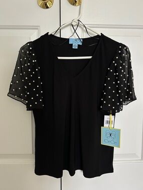 NWT CeCe Black V-Neck Top with Pearl-Studded Sheer Sleeves